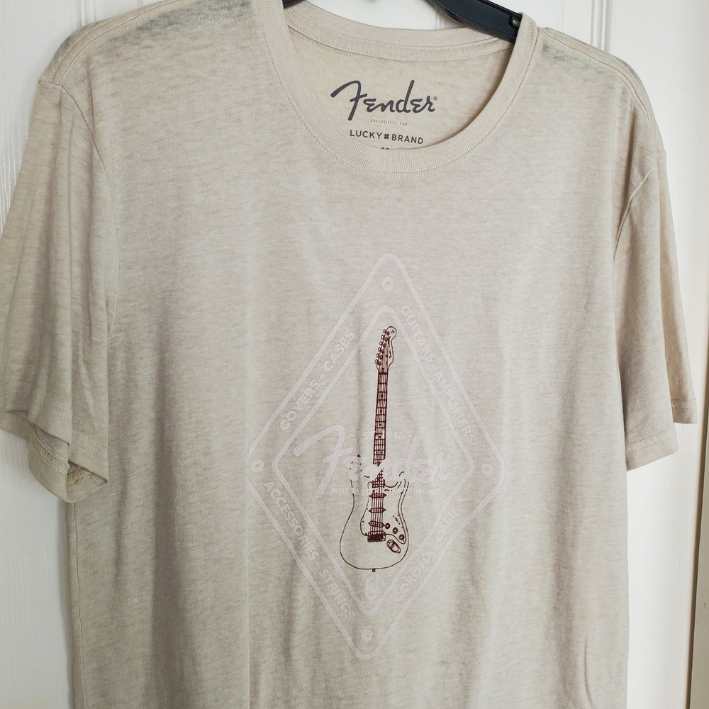 Lucky Brand Fender Guitar Graphic Tee Mens Medium Beige‎ Burnout Stratocaster